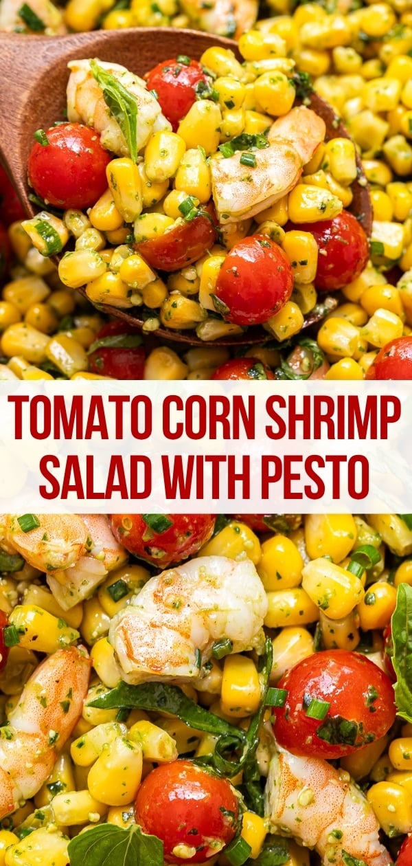 Close-up of a vibrant Tomato Corn Shrimp Salad mixed with pesto, garnished with fresh basil, and served with whole cherry tomatoes and corn kernels. Text overlay reads: Tomato Corn Shrimp Salad with Pesto.