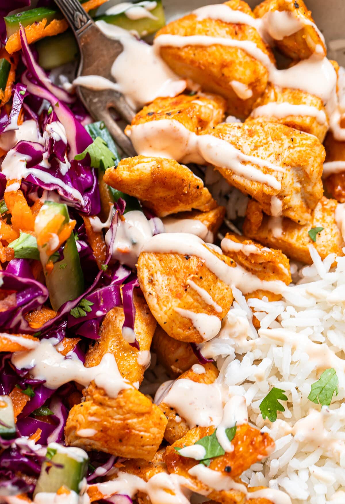 Close-up of spiced grilled chicken pieces with creamy sauce, served alongside white rice and a colorful salad of red cabbage, cucumber, carrot, and herbs, all garnished with a drizzle of dressing—an irresistible take on Bang Bang Chicken Bowls.