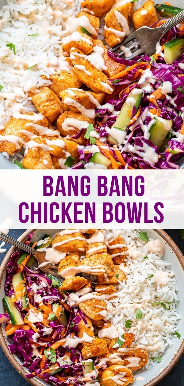 A bowl with white rice, seasoned chicken pieces, shredded purple cabbage, sliced cucumber, carrots, and a creamy sauce, garnished with cilantro. Text overlay reads Bang Bang Chicken Bowls for a vibrant and flavorful meal.