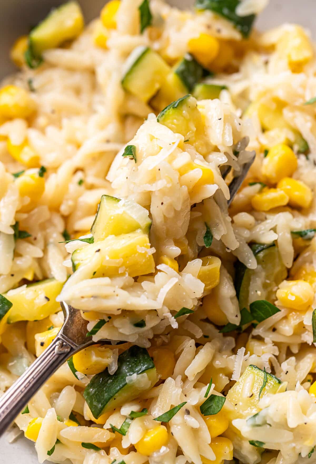 A close-up of a forkful of creamy zucchini corn orzo pasta with fresh herbs and melted cheese.