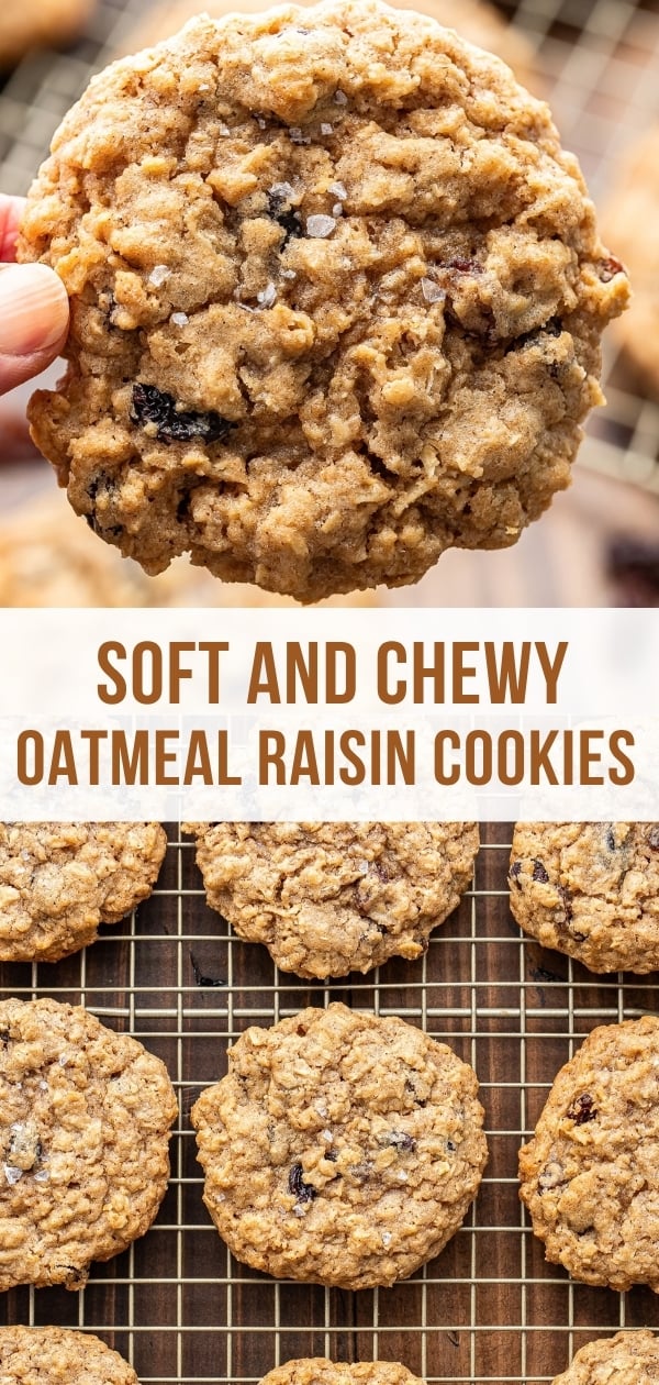 A hand holds a large Oatmeal Raisin Cookie above a cooling rack filled with more freshly baked Oatmeal Raisin Cookies. Text reads: Soft and Chewy Oatmeal Raisin Cookies.