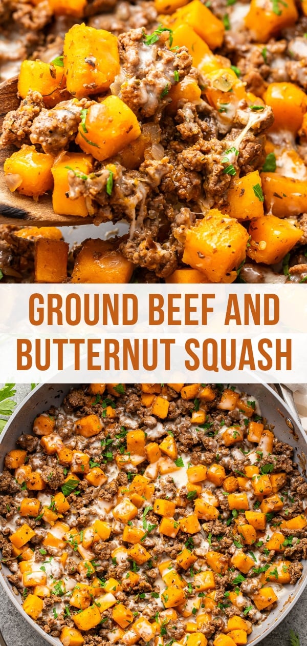 A skillet of ground beef and butternut squash topped with melted cheese and herbs, with a close-up detail shot above.