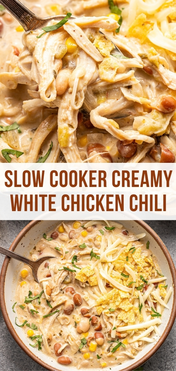 A spoon lifting a portion of creamy white chicken chili with beans and corn, shown above a bowl of the same chili topped with shredded cheese and tortilla chips.