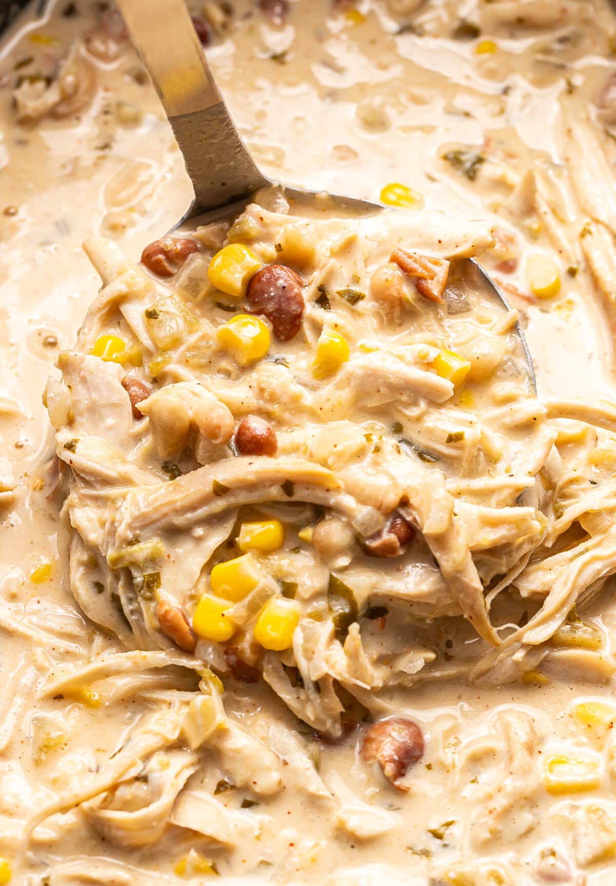 A metal ladle scooping creamy white chicken chili with corn and beans from a pot.
