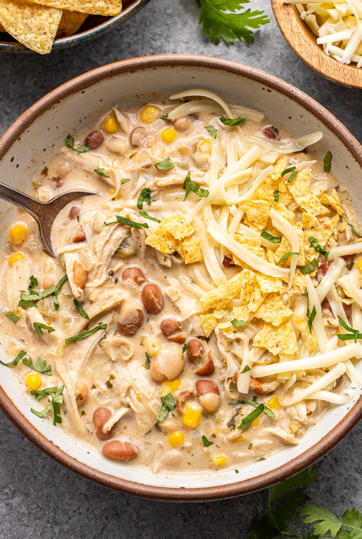 A bowl of creamy white chicken chili topped with shredded cheese, tortilla chips, and fresh herbs, with a spoon inside.